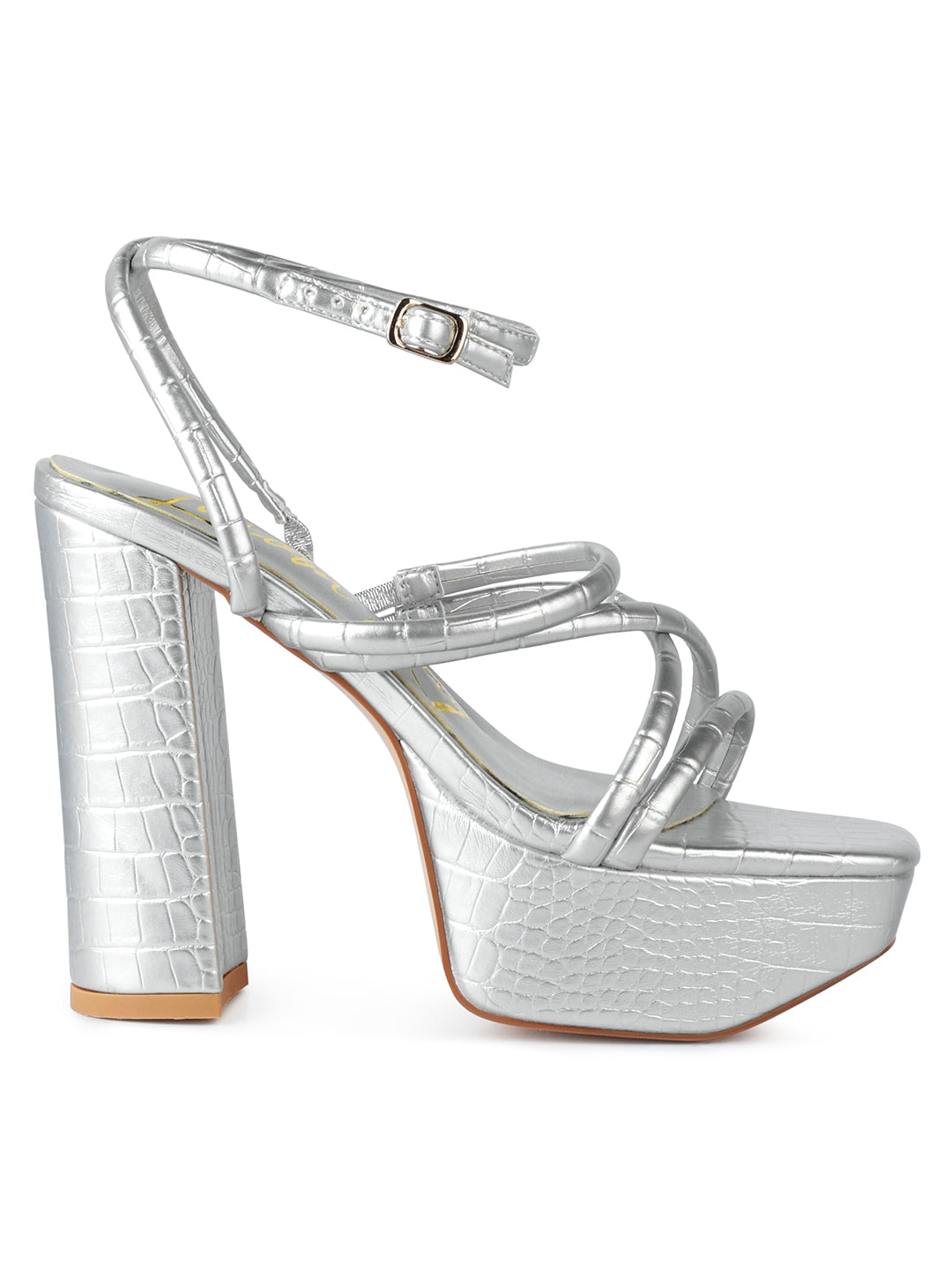 Silver Strappy Platform Chunky High Heels