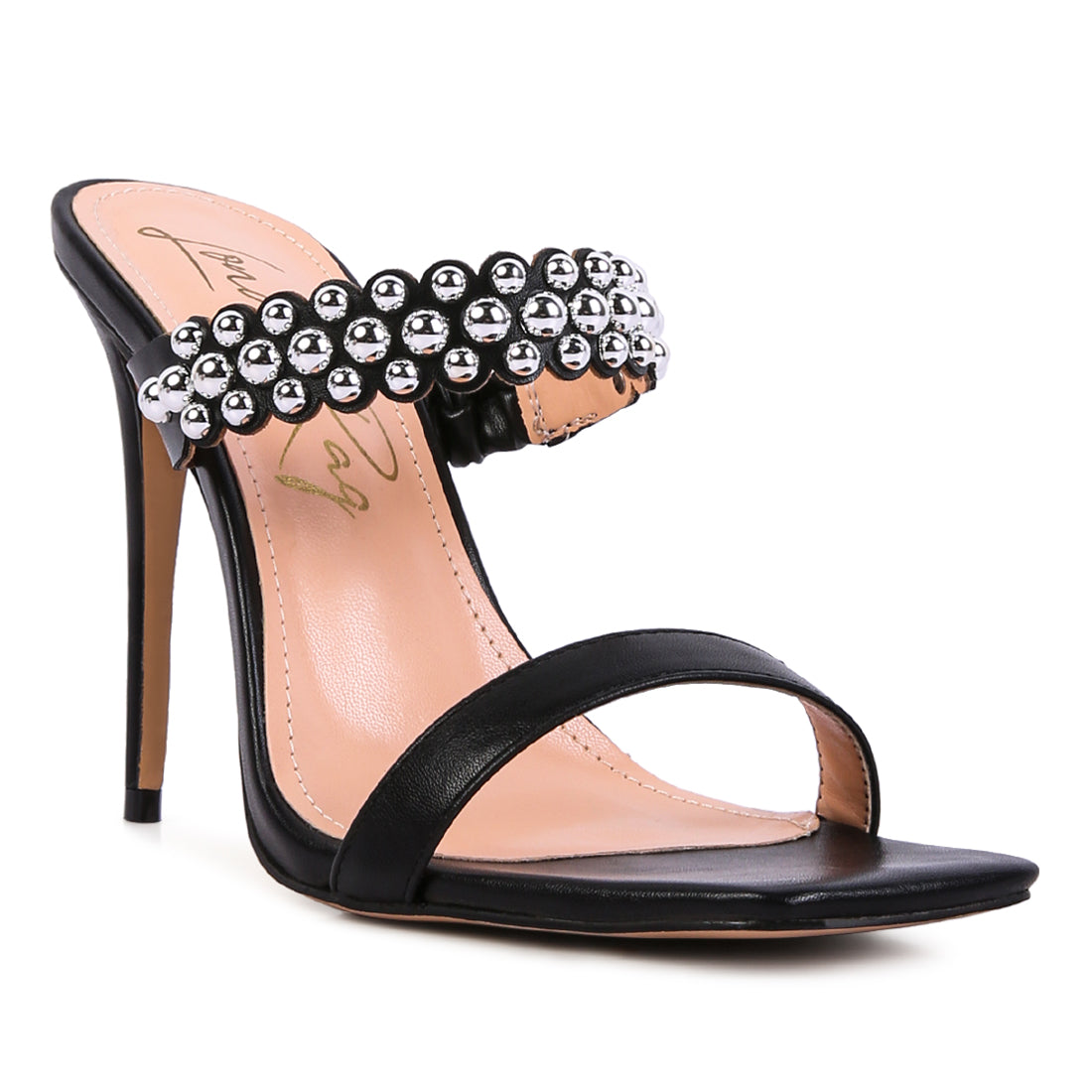 Black High Heel Metal Ball Sandals