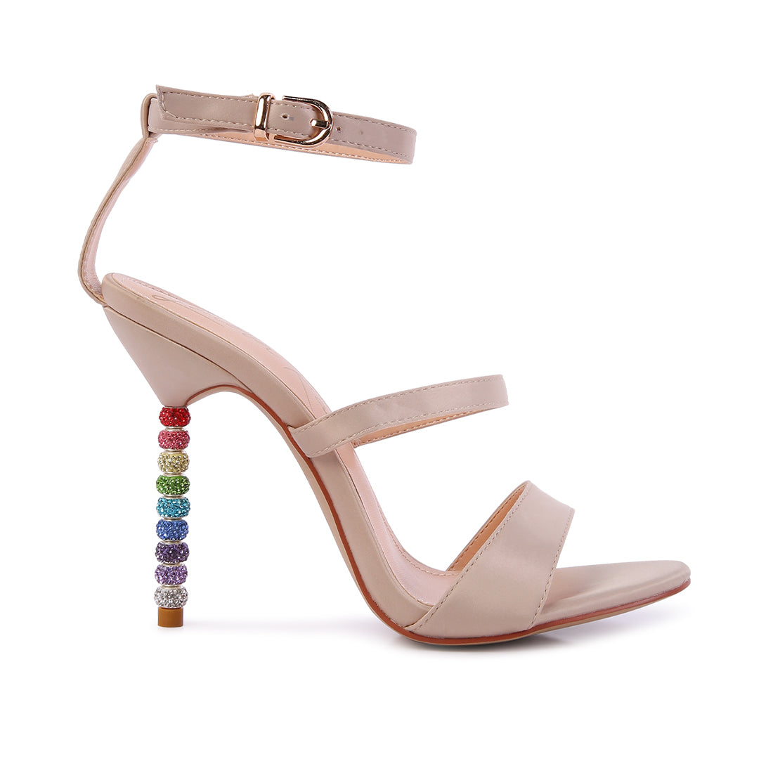 Beige Rhinestone Ball Heel Satin Sandals