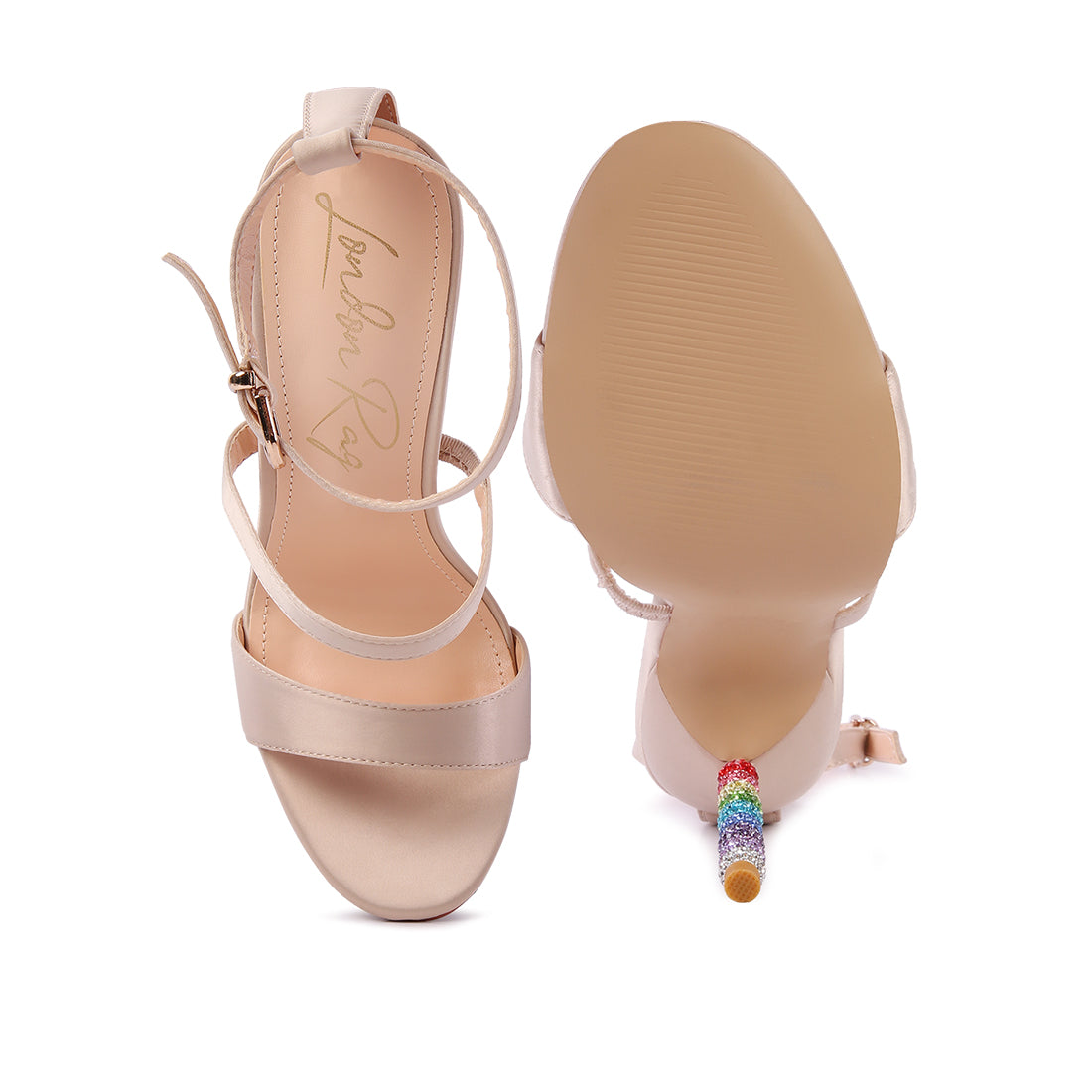 Beige Rhinestone Ball Heel Satin Sandals