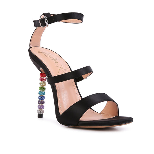 Black Rhinestone Ball Heel Satin Sandals