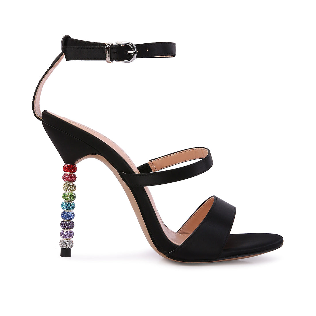 Black Rhinestone Ball Heel Satin Sandals