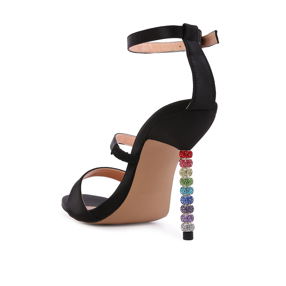 Black Rhinestone Ball Heel Satin Sandals