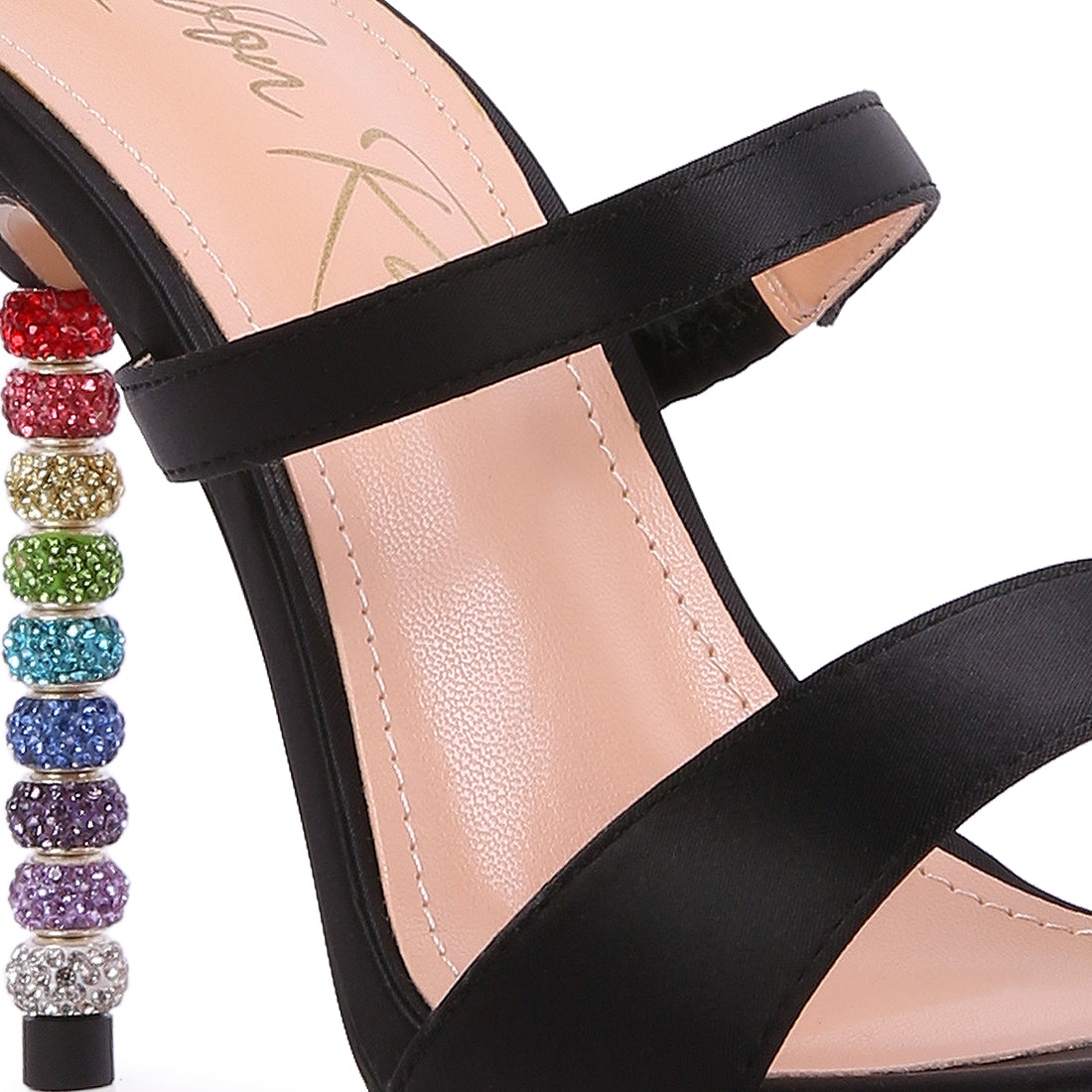 Black Rhinestone Ball Heel Satin Sandals