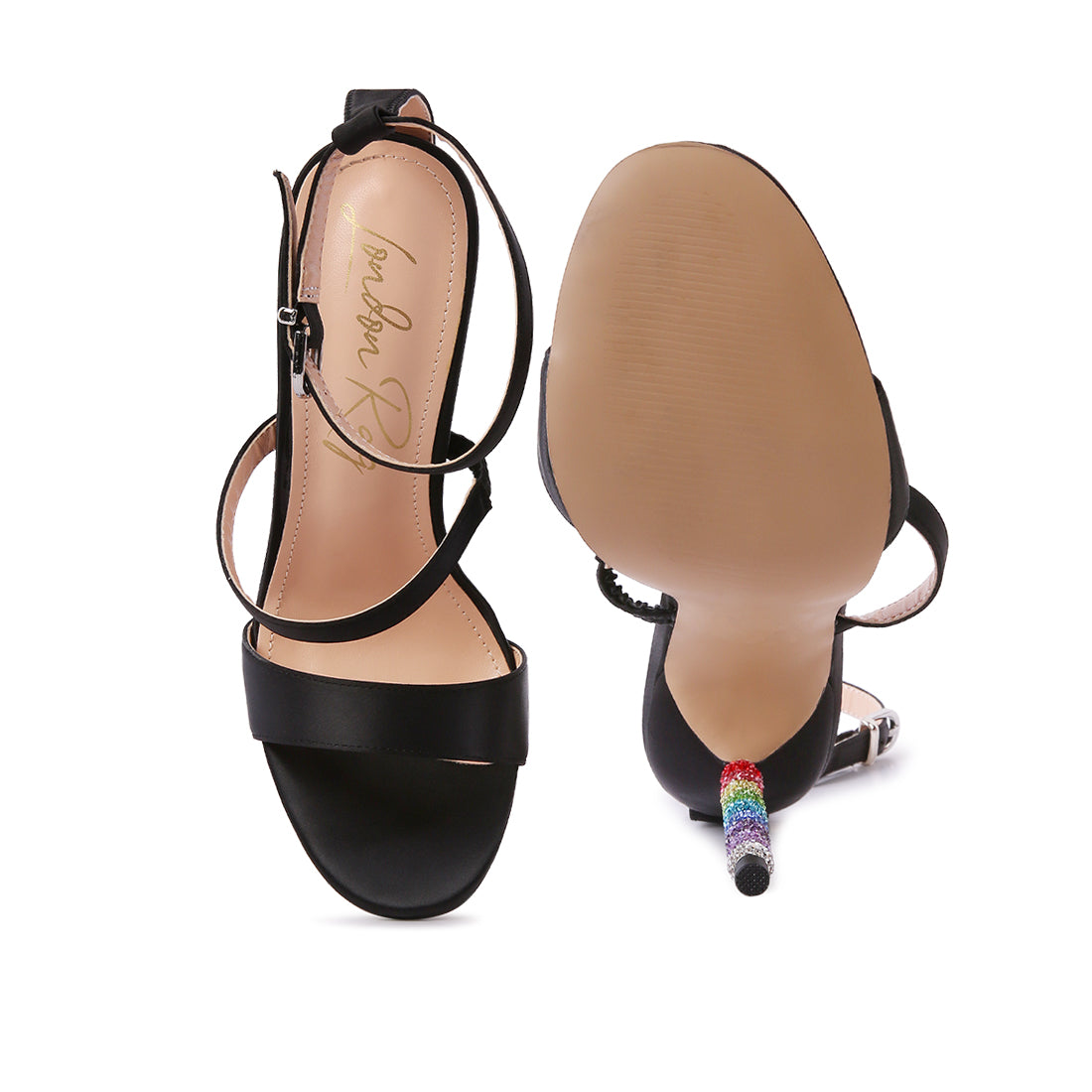 Black Rhinestone Ball Heel Satin Sandals