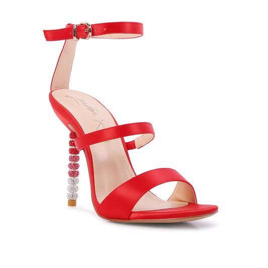 Red Rhinestone Ball Heel Satin Sandals