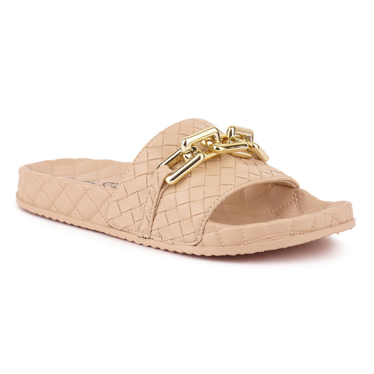 Beige Bling Chain Strap Woven Slip On Flats