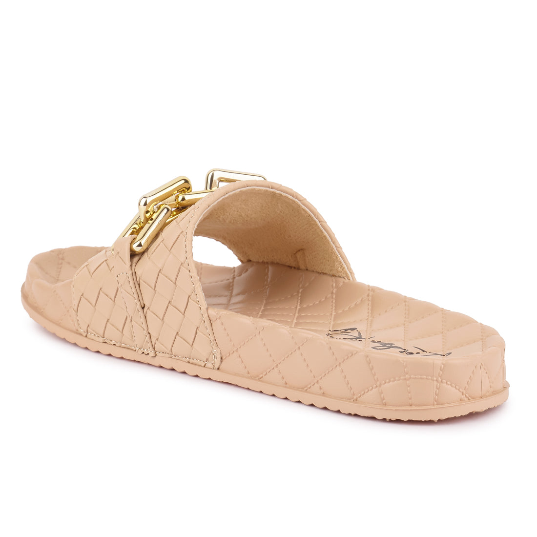 Beige Bling Chain Strap Woven Slip On Flats