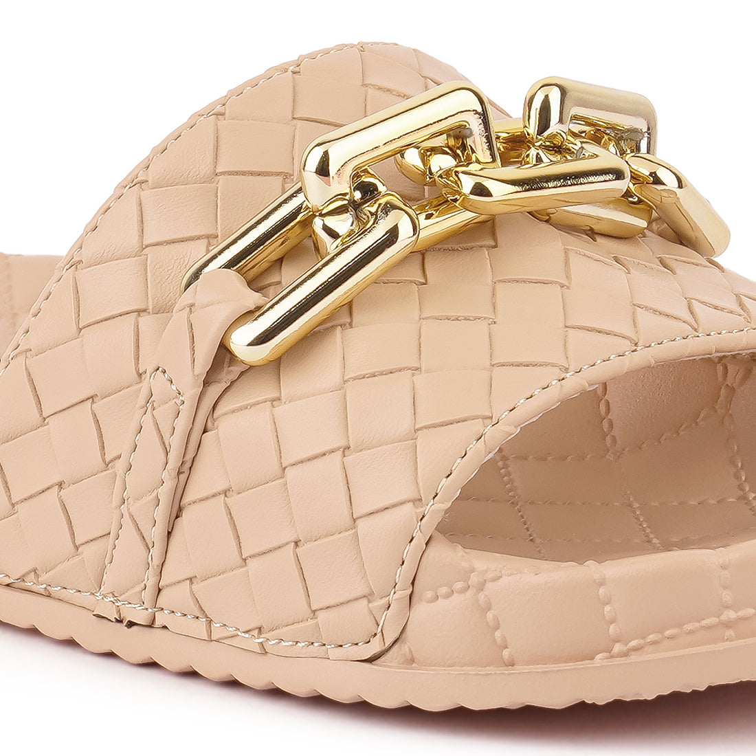 Beige Bling Chain Strap Woven Slip On Flats