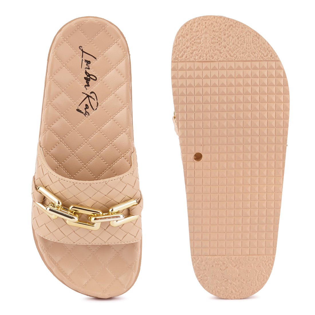 Beige Bling Chain Strap Woven Slip On Flats