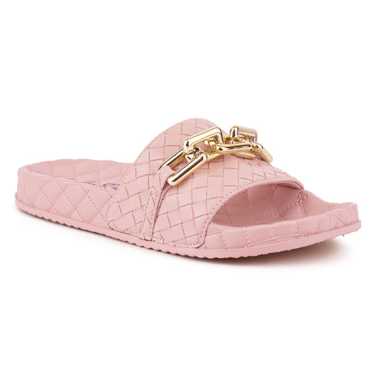 Pink Bling Chain Strap Woven Slip On Flats