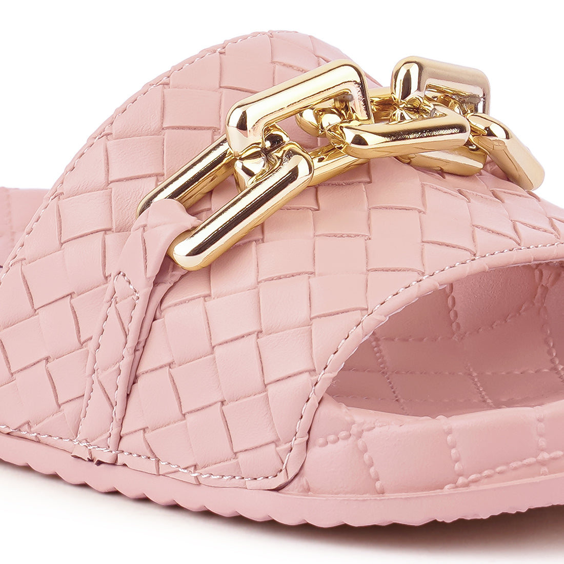 Pink Bling Chain Strap Woven Slip On Flats