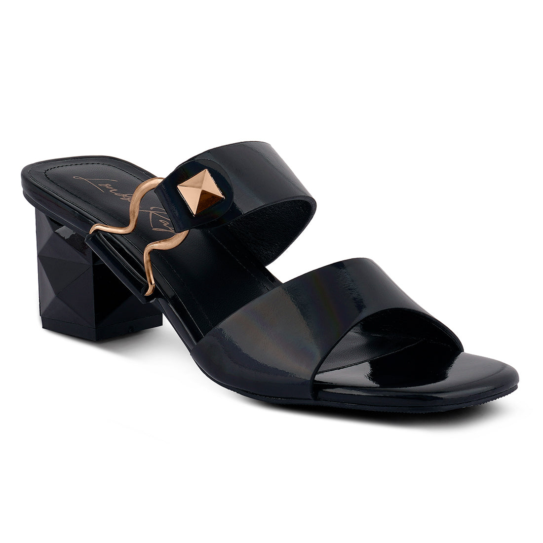 Black Hookup Geometric Cut Block Heel Slides