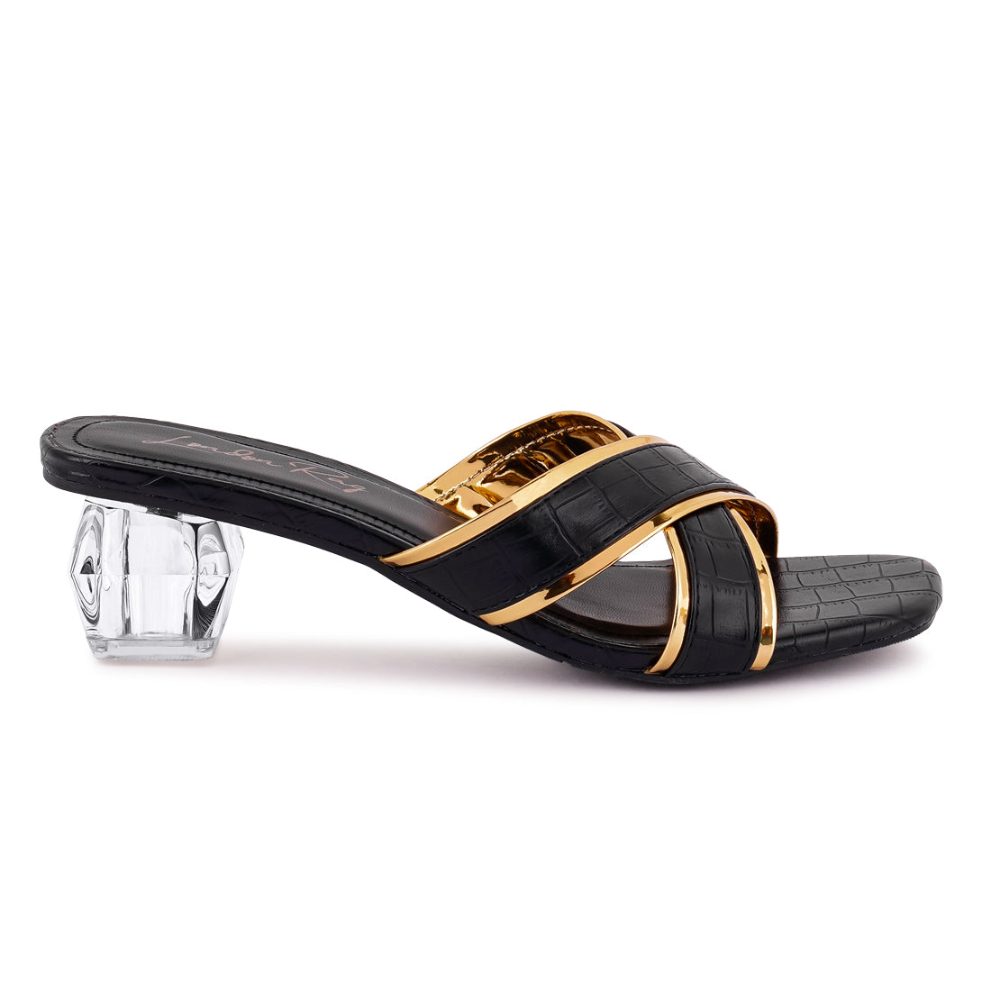 Black Line Croc Textured Low Heel Sandals