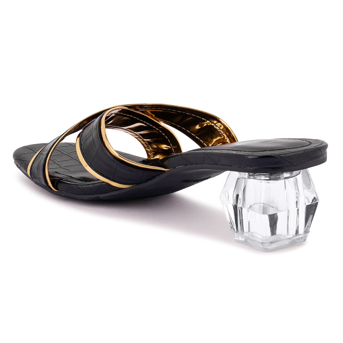 Black Line Croc Textured Low Heel Sandals