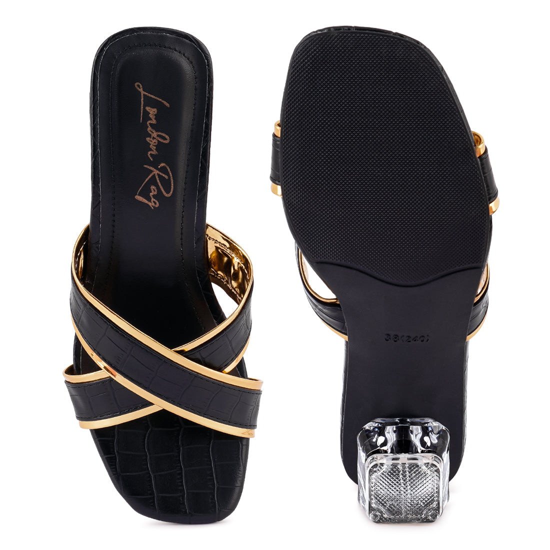 Black Line Croc Textured Low Heel Sandals