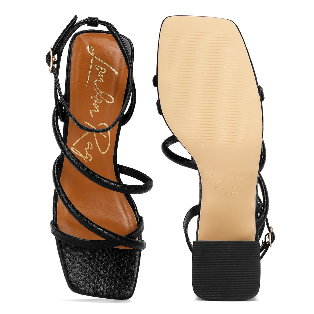 Black Croc Mid Block Heel Casual Sandals