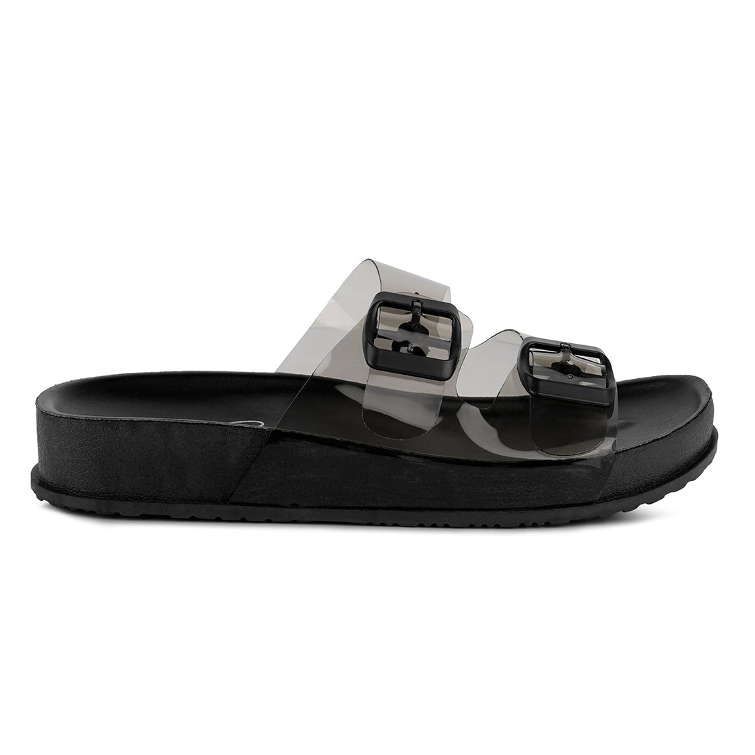 Black Platform Buckled Slide Sandals