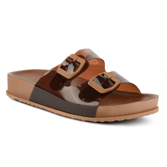 Tan Platform Buckled Slide Sandals