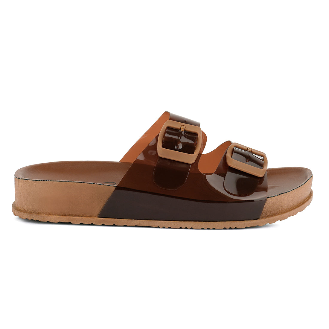 Tan Platform Buckled Slide Sandals