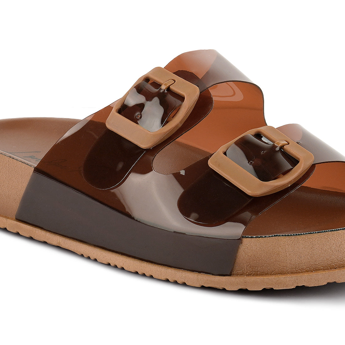 Tan Platform Buckled Slide Sandals