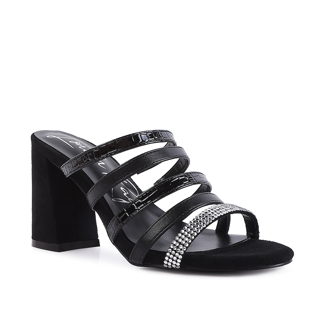 Black Multi Strap Diamante Detail Sandals