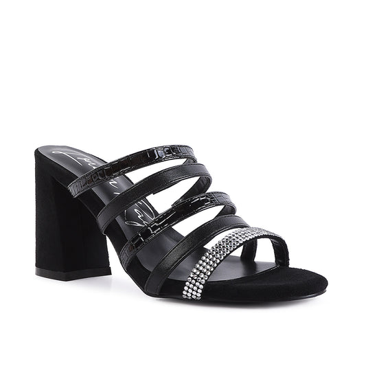 Black Multi Strap Diamante Detail Sandals