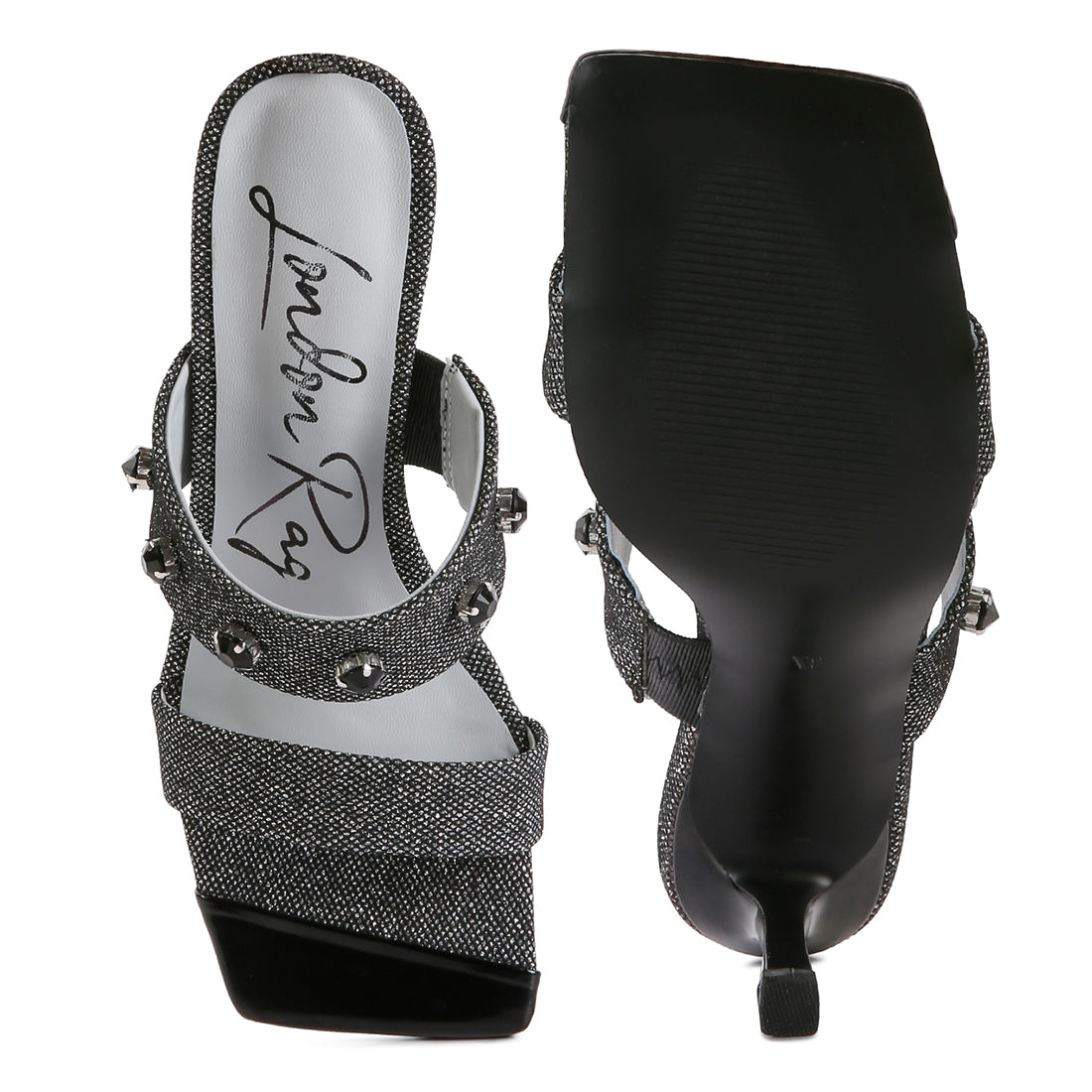 Black Diamante Adorned Glitter Sandals