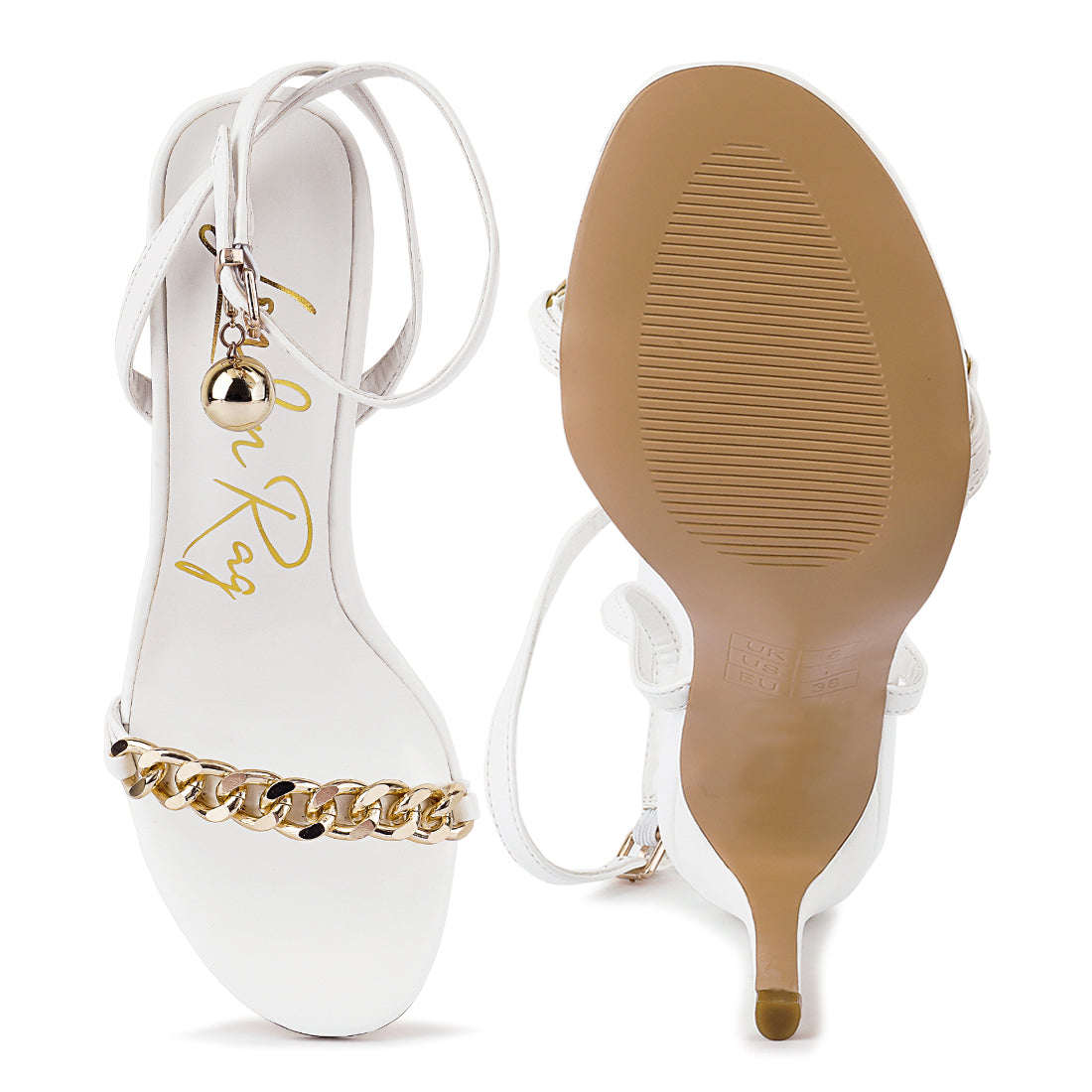 White High Heeled Metal Chain Strap Sandal
