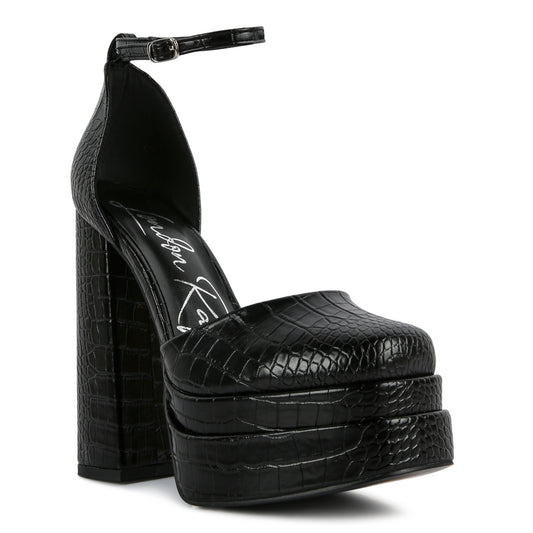 Black Croc Textured High Heeled Block Sandals