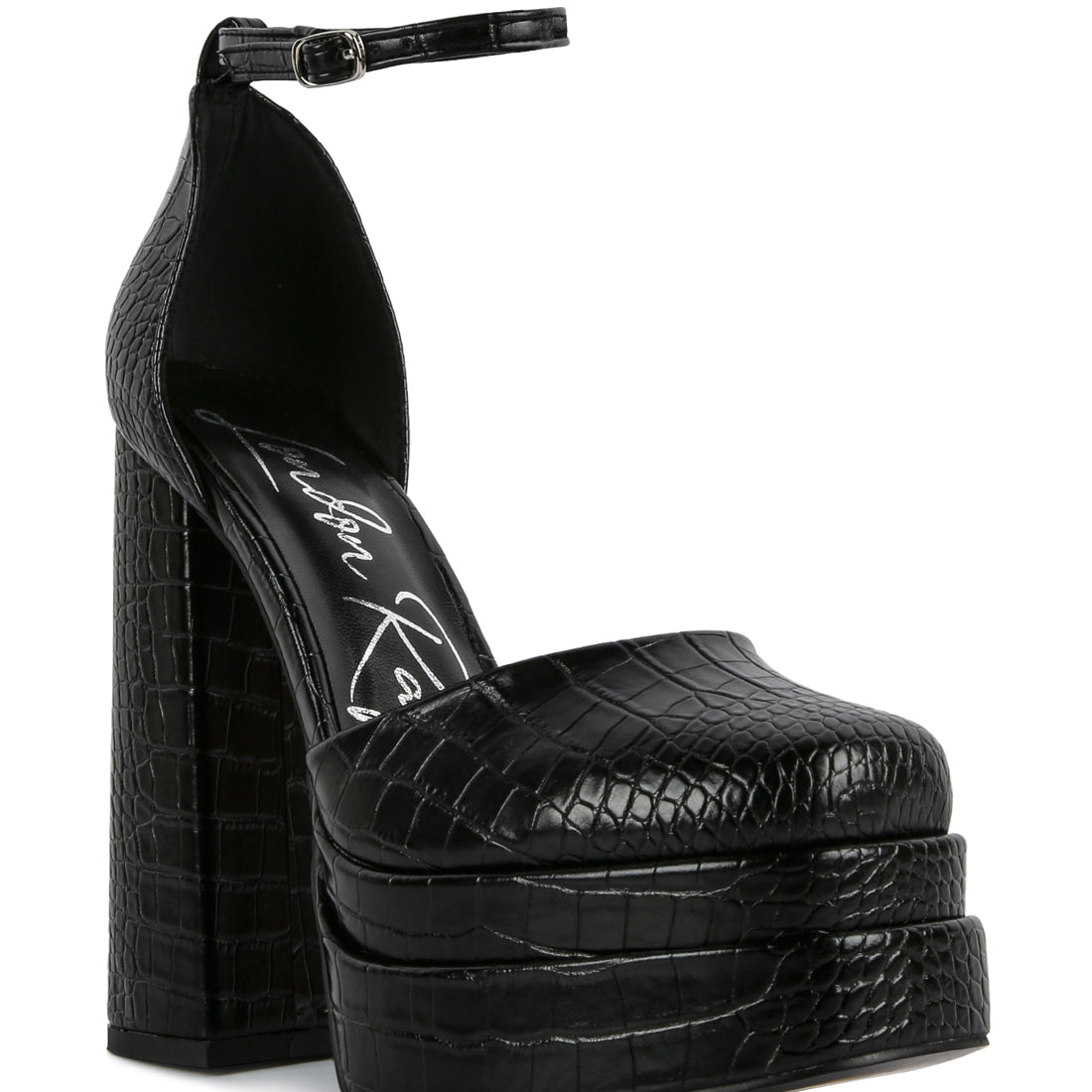 Black Croc Textured High Heeled Block Sandals