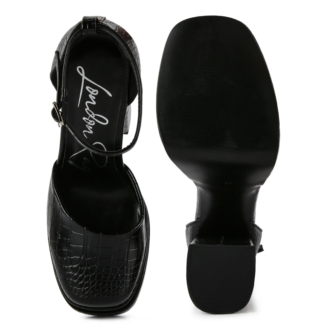 Black Croc Textured High Heeled Block Sandals