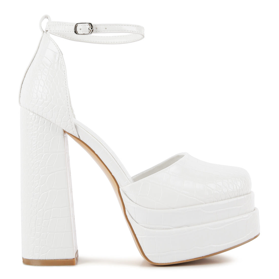 White Croc Textured High Heeled Block Sandals