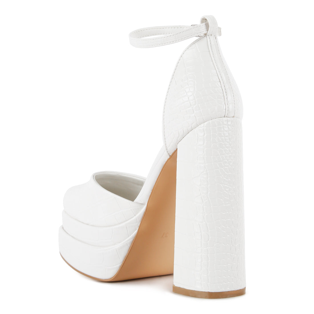 White Croc Textured High Heeled Block Sandals