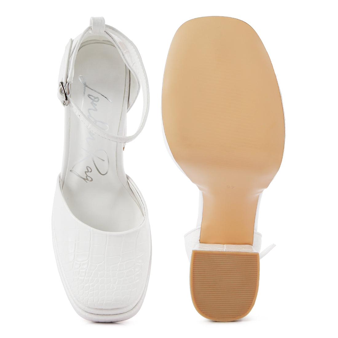 White Croc Textured High Heeled Block Sandals