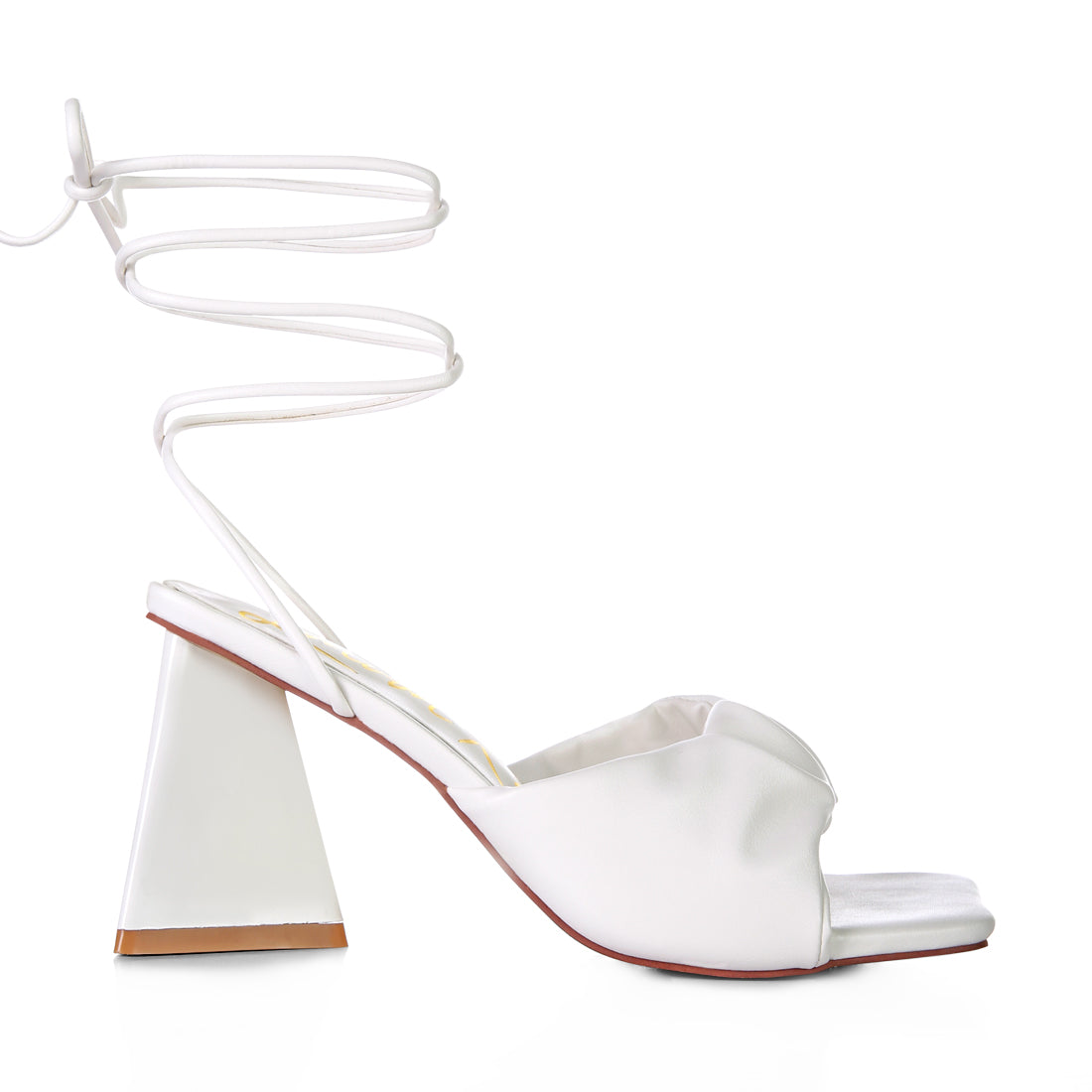 White Ruched Strap Triangular Heel Lace Up Sandal