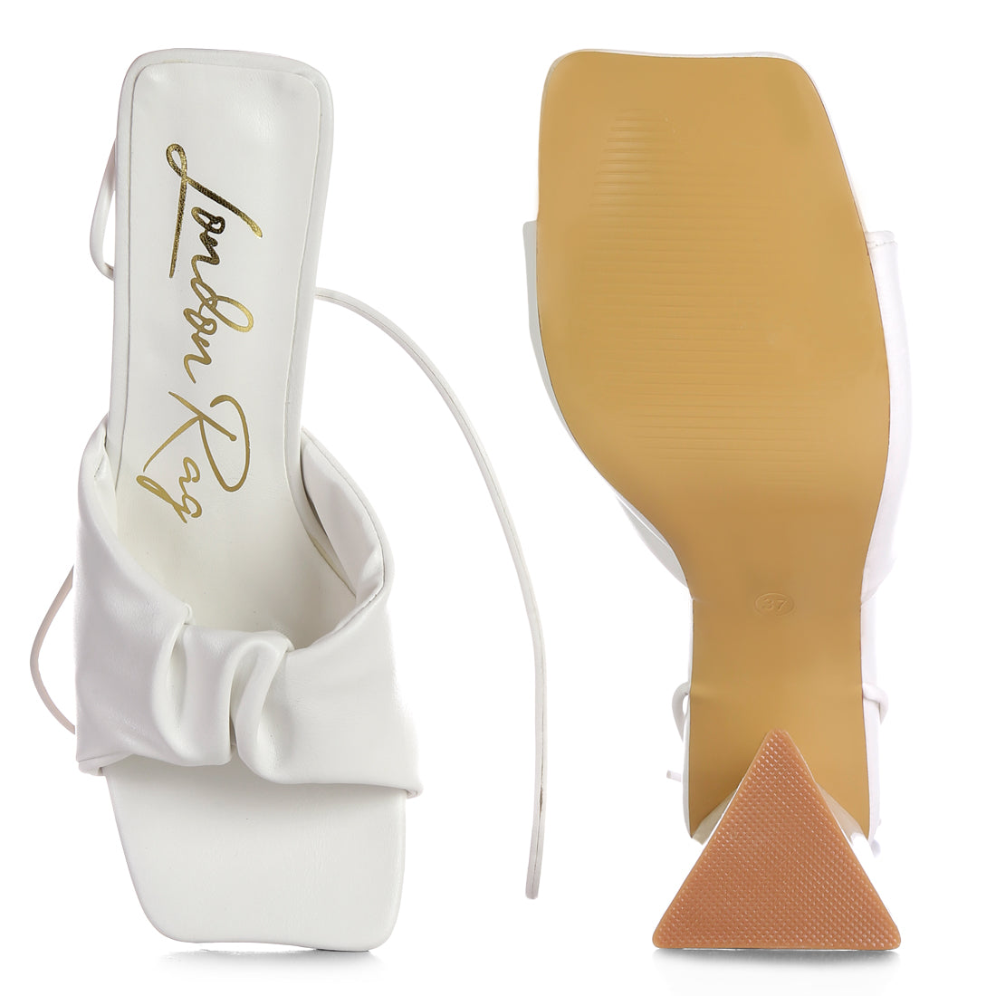 White Ruched Strap Triangular Heel Lace Up Sandal