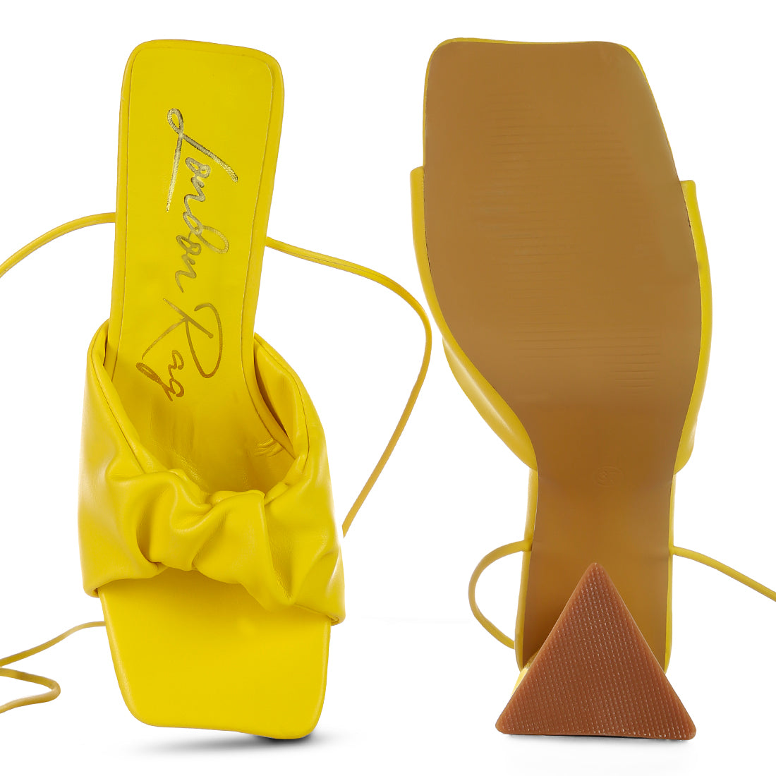 Yellow Ruched Strap Triangular Heel Lace Up Sandal