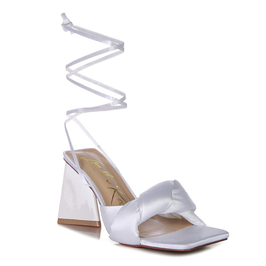 White Knotted Triangular Block Heel Sandals
