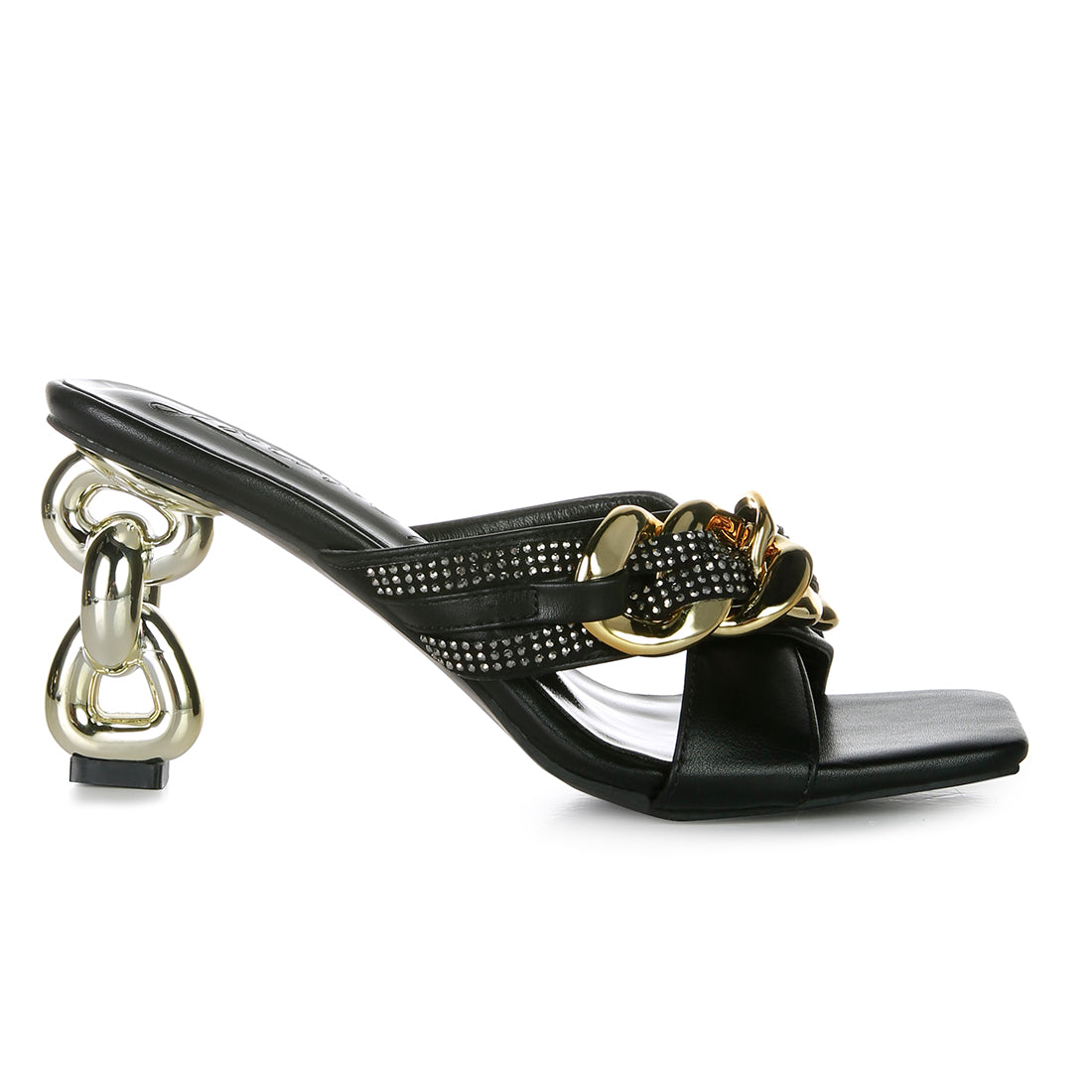 Black Metallic Chain Heeled Diamante Sandals
