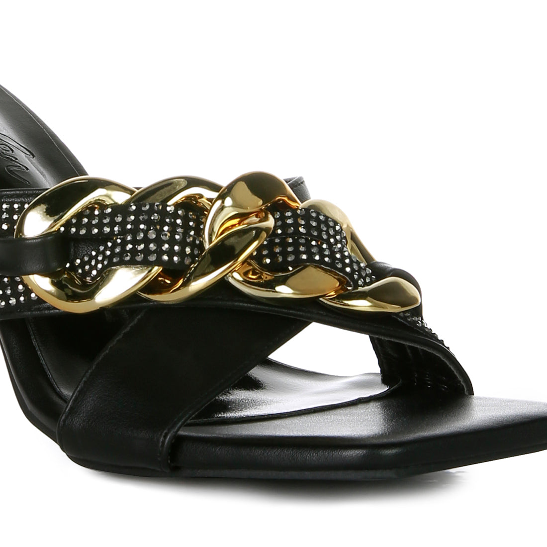 Black Metallic Chain Heeled Diamante Sandals
