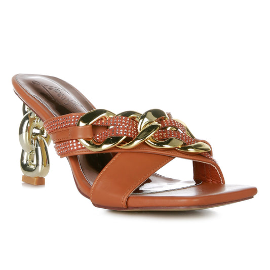 Tan Metallic Chain Heeled Diamante Sandals