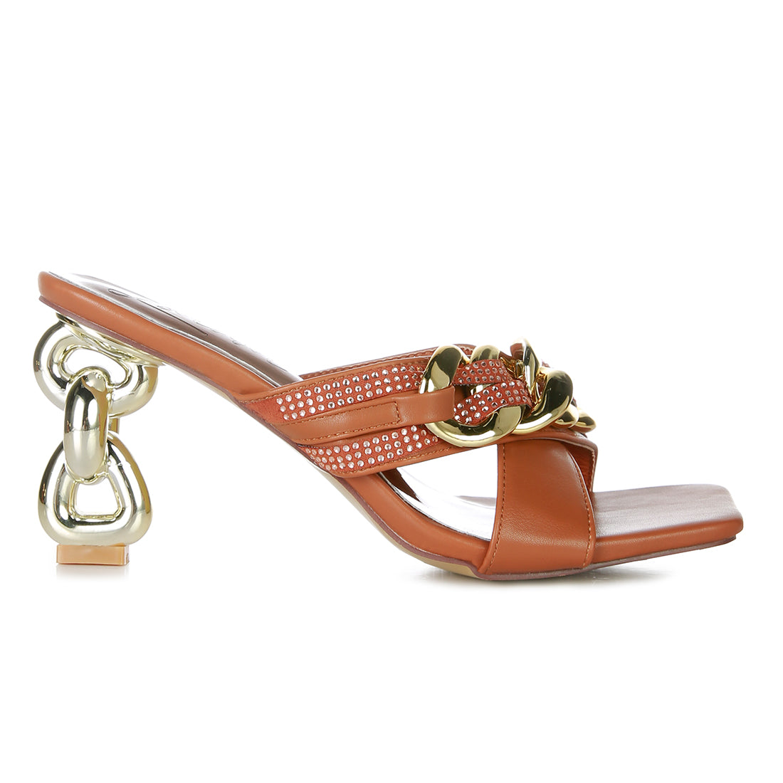 Tan Metallic Chain Heeled Diamante Sandals