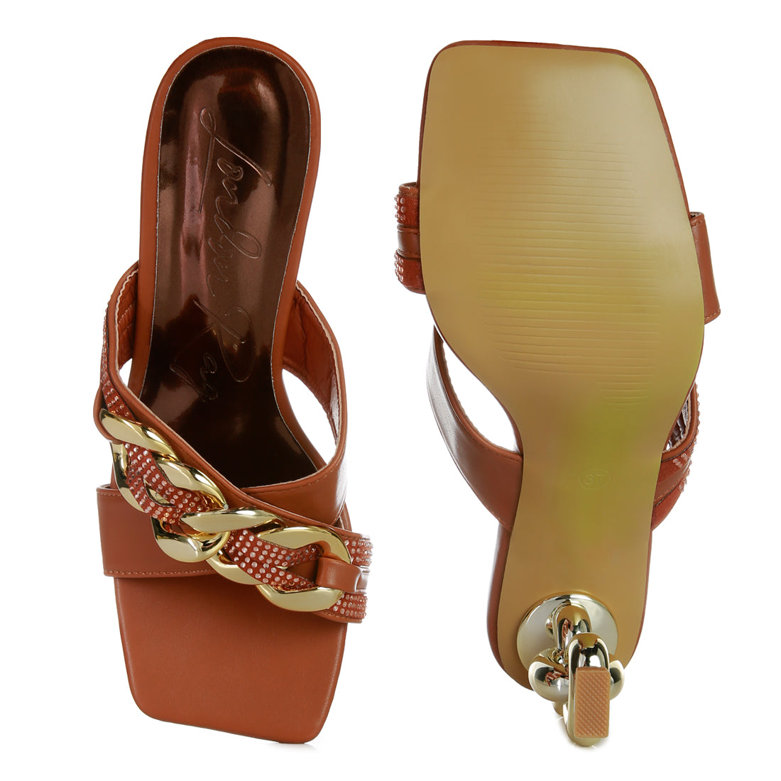 Tan Metallic Chain Heeled Diamante Sandals