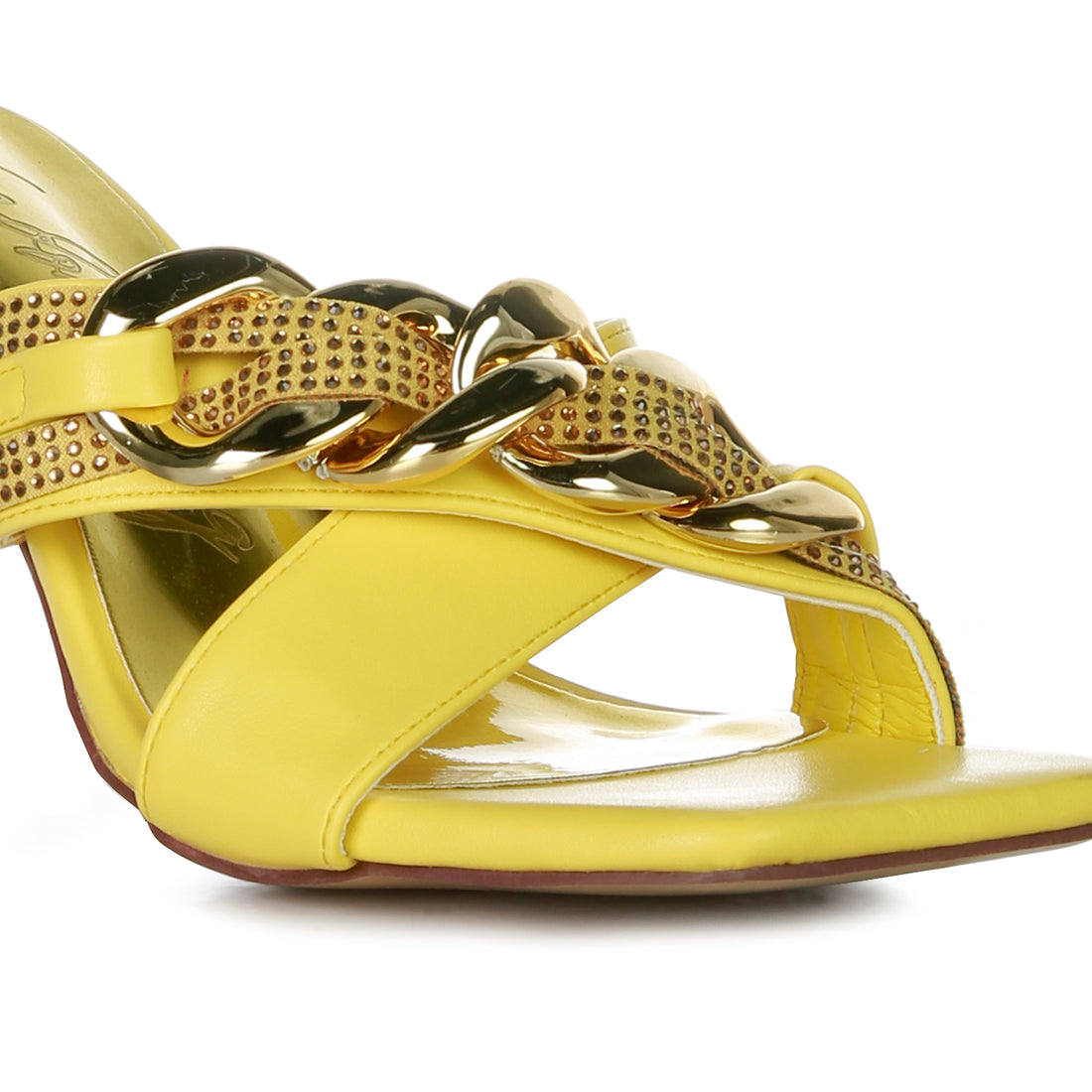 Yellow Metallic Chain Heeled Diamante Sandals