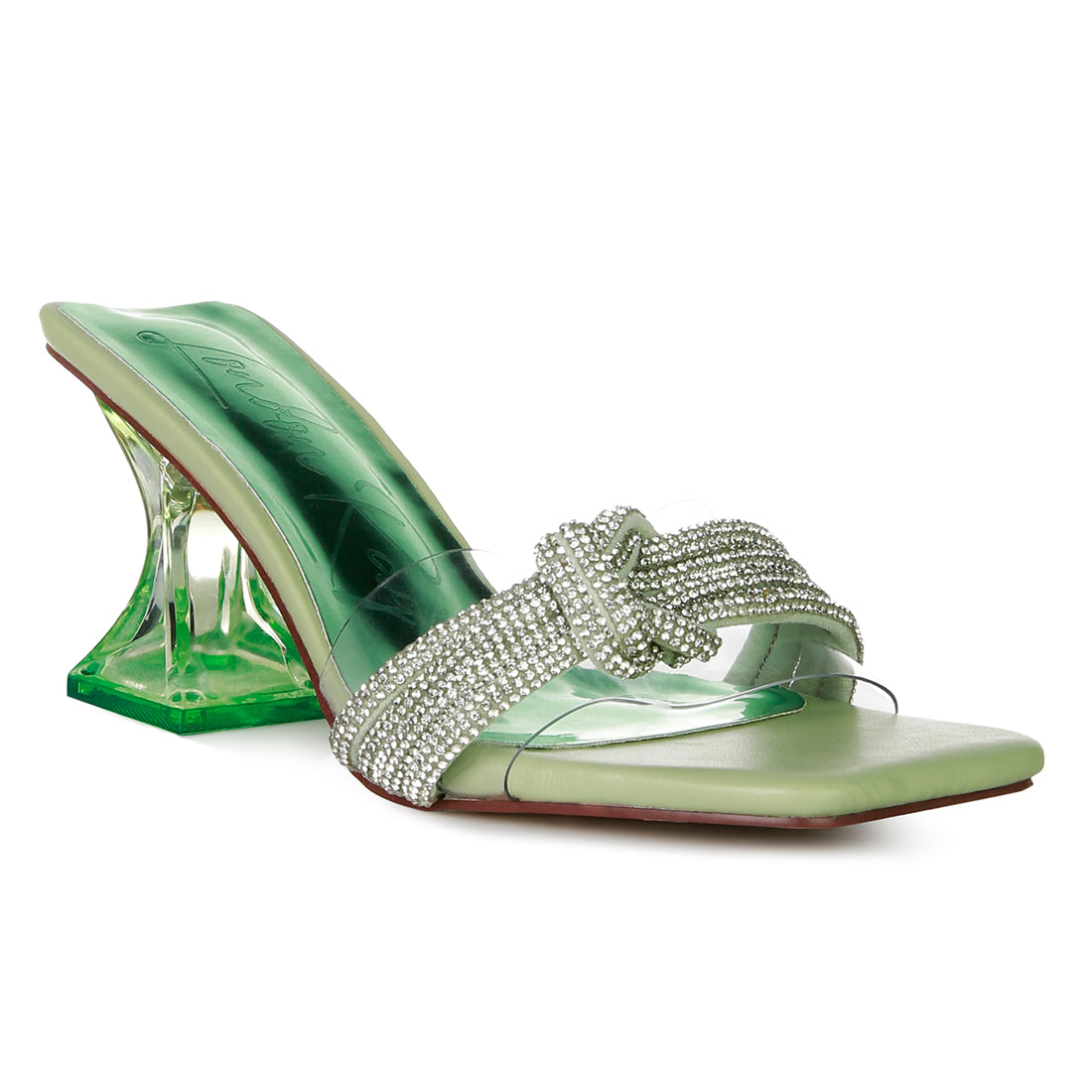 Green Knotted Diamante Strap Spool Heel Sandals
