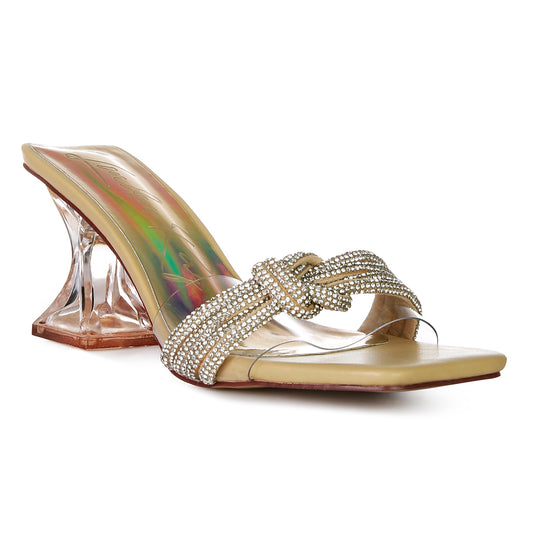 Beige Knotted Diamante Strap Spool Heel Sandals