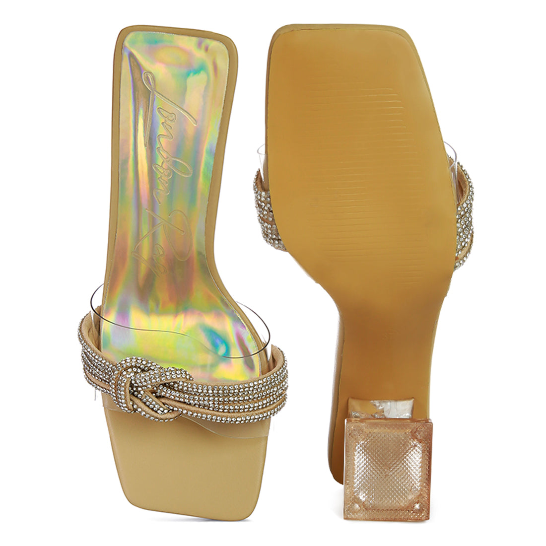 Beige Knotted Diamante Strap Spool Heel Sandals