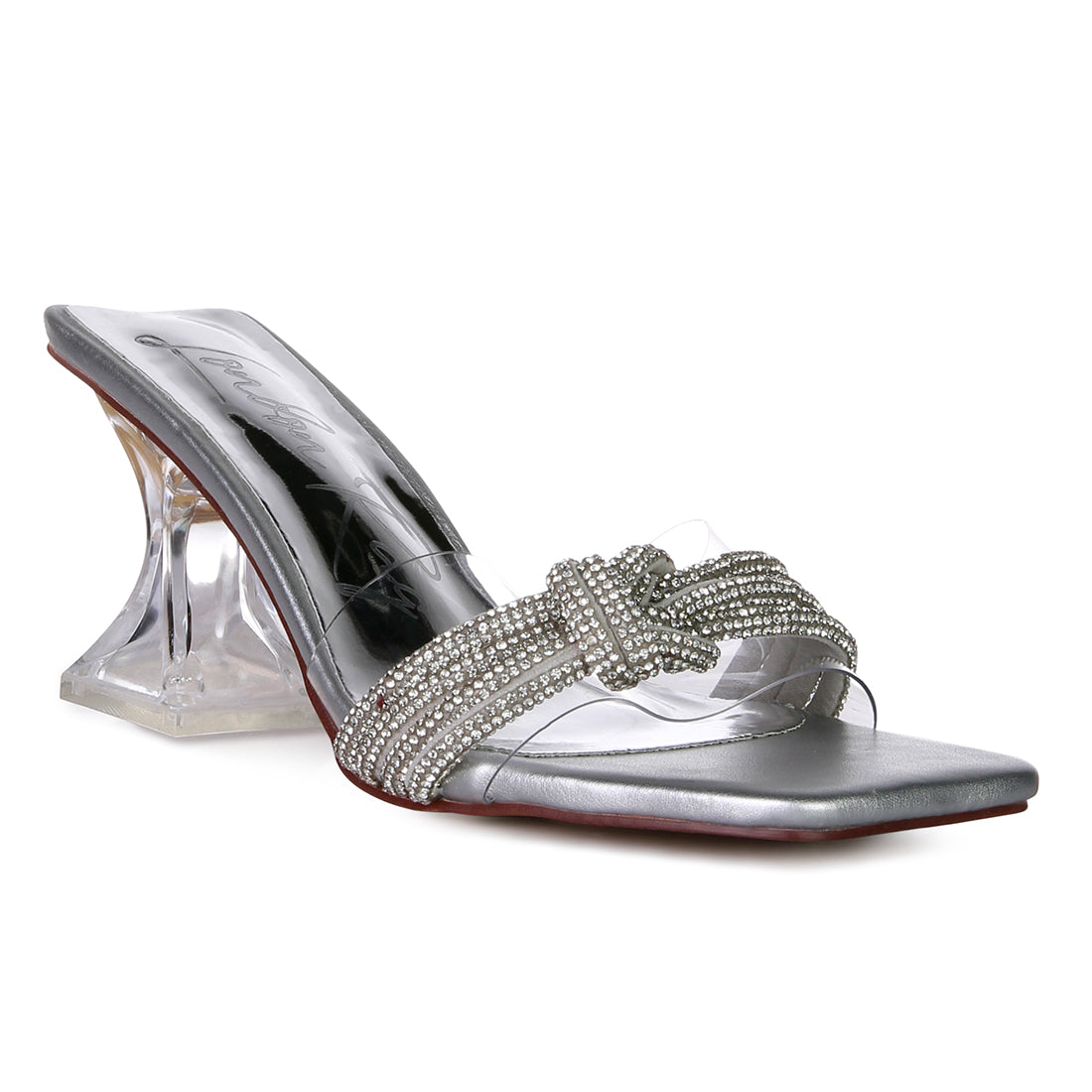 Silver Knotted Diamante Strap Spool Heel Sandals