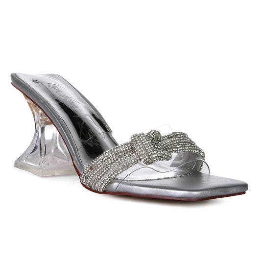 Silver Knotted Diamante Strap Spool Heel Sandals